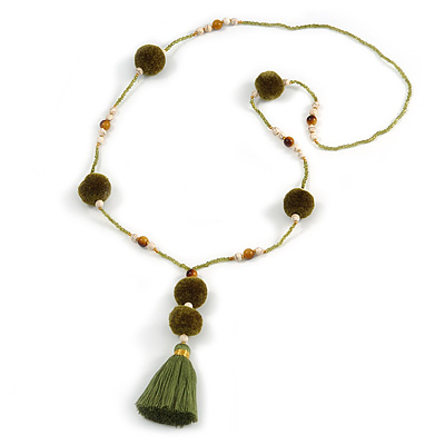 Olive Green Glass Bead, Pom Pom, Tassel Long Necklace - 88cm L/ 10cm Tassel - main view