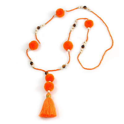Bright Orange/ Neon Orange Glass Bead, Pom Pom, Tassel Long Necklace - 88cm L/ 10cm Tassel