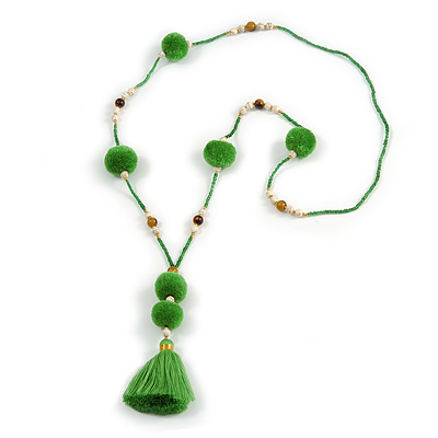 Spring Green Glass Bead, Pom Pom, Tassel Long Necklace - 88cm L/ 10cm Tassel - main view