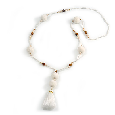 Snow White Glass Bead, Pom Pom, Tassel Long Necklace - 88cm L/ 10cm Tassel