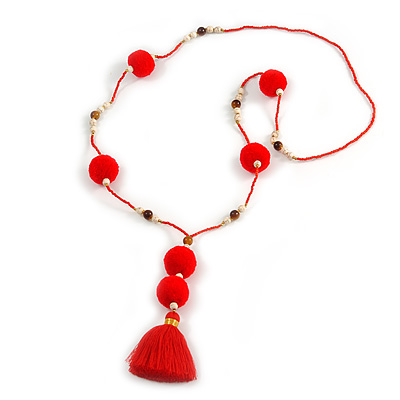 Scarlet Red Glass Bead, Pom Pom, Tassel Long Necklace - 88cm L/ 10cm Tassel - main view