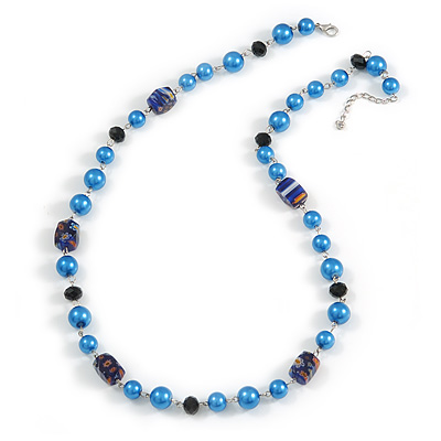 Blue Pearl Style, Black Glass and Floral Ceramic Beaded Necklace - 72cm L/ 4cm Ext - main view