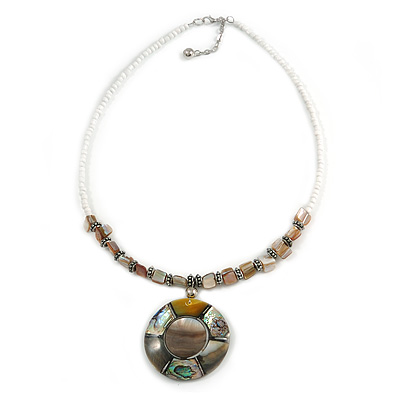 White Glass Bead Wire Necklace with Shell & Mother of Pearl Medallion In Silver Tone - 50cm L/ 5cm Ext - main view