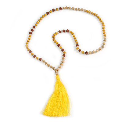 Long Wood, Glass, Seed Beaded Necklace with Silk Tassel (Nude, Yellow, Brown) - 80cm L/ 11cm Tassel - main view