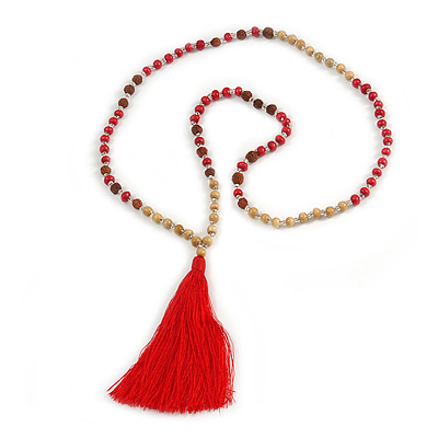 Long Wood, Glass, Seed Beaded Necklace with Silk Tassel (Nude, Red, Brown) - 80cm L/ 11cm Tassel - main view