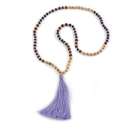 Long Wood, Glass, Seed Beaded Necklace with Silk Tassel (Nude, Purple, Lavender, Brown) - 80cm L/ 11cm Tasse - main view