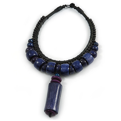 Statement Chunky Bone and Wood Bead with Black Rubber Cord Necklace In Dark Blue/ Violet - 48cm Long - main view