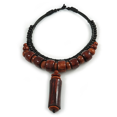 Statement Chunky Bone and Wood Bead with Black Rubber Cord Necklace In Brown - 48cm Long