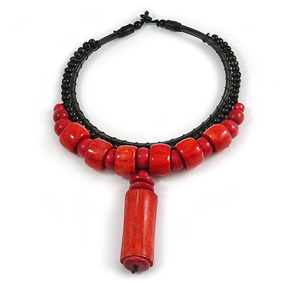 Statement Chunky Bone and Wood Bead with Black Rubber Cord Necklace In Red - 48cm Long - main view