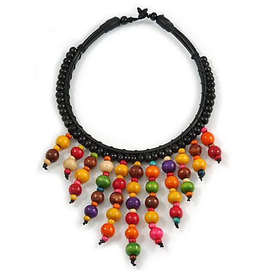 Statement Multicoloured Wood Bead Fringe with Rubber Cord Necklace - 46cm L/ 11cm Front Drop - main view