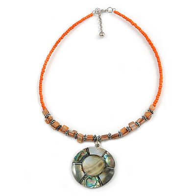 Orange Glass Bead Wire Necklace with Shell & Mother of Pearl Medallion In Silver Tone - 50cm L/ 5cm Ext - main view