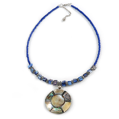 Royal Blue Glass Bead Wire Necklace with Shell & Mother of Pearl Medallion In Silver Tone - 50cm L/ 5cm Ext - main view
