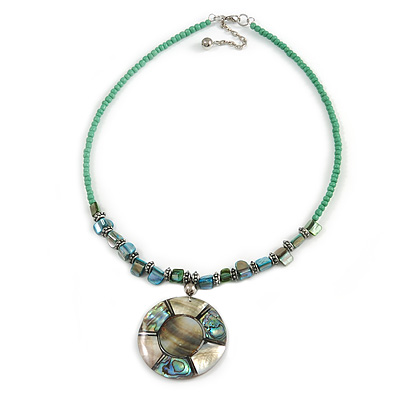 Green Glass Bead Wire Necklace with Shell & Mother of Pearl Medallion In Silver Tone - 50cm L/ 5cm Ext - main view