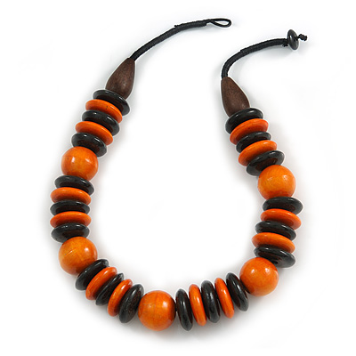Statement Orange/ Black Round and Button Wood Bead Necklace - 56cm L - main view