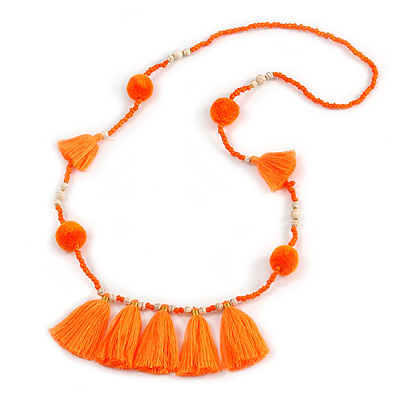 Boho Style Glass Beaded Pom Pom, Tassel Long Necklace In Bright Orange - 90cm L - main view