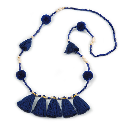 Boho Style Glass Beaded Pom Pom, Tassel Long Necklace In Dark Blue - 90cm L - main view