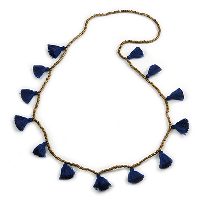 Boho Style Bronze Glass Bead with Dark Blue Tassel Long Necklace - 96cm L
