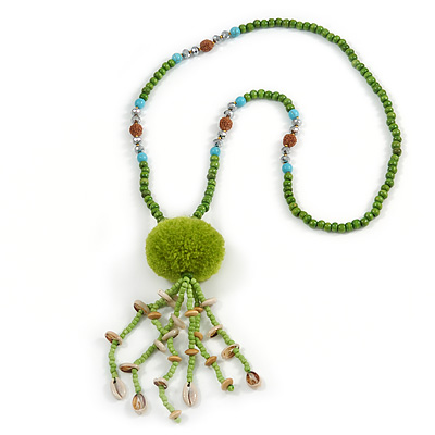 Lime Green Wood, Glass, Sea Shell, Tree Seed Bead with Pom Pom Tassel Long Necklace - 80cm L/ 16cm Tassel - main view