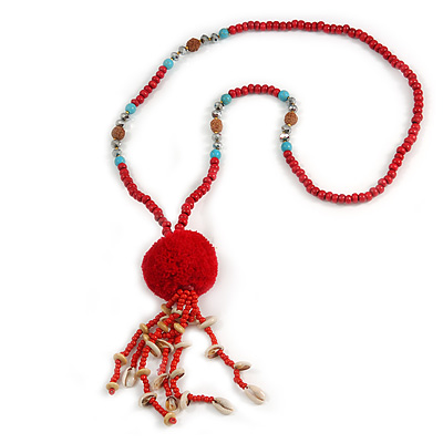 Red Wood, Glass, Sea Shell, Tree Seed Bead with Pom Pom Tassel Long Necklace - 80cm L/ 16cm Tassel - main view