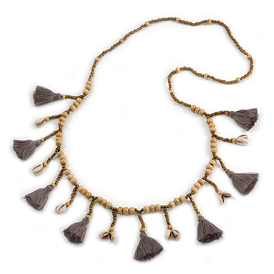 Long Natural Wood, Bronze Glass Bead with Grey Cotton Tassel Necklace - 100cm L - main view