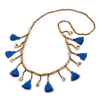 Long Natural Wood, Bronze Glass Bead with Blue Cotton Tassel Necklace - 100cm L - main view