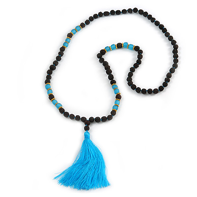 Statement Dark Brown Tree Seed and Light Blue Acrylic Bead Necklace with Azure Blue Silk Tassel - 94cm L/ 11cm Tassel - main view