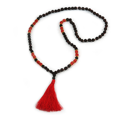 Statement Dark Brown Tree Seed and Red Acrylic Bead Necklace with Red Silk Tassel - 94cm L/ 11cm Tassel - main view