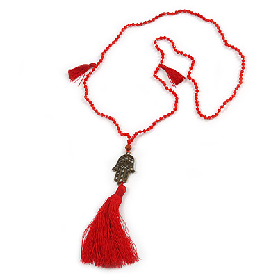 Red Crystal Bead Necklace with Bronze Tone Hamsa Hand Charm/ Silk Tassel Pendant - 80cm L/ 14cm Tassel - main view
