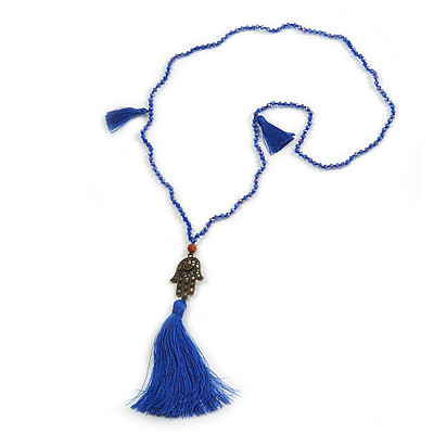 Blue Crystal Bead Necklace with Bronze Tone Hamsa Hand Charm/ Silk Tassel Pendant - 80cm L/ 14cm Tassel - main view
