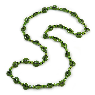 Long Lime Green Wood Button Bead Necklace - 110cm Long - main view