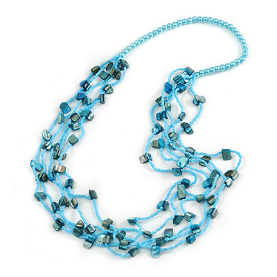 Long Multistrand Light Blue/ Sea Blue Shell/ Glass Bead Necklace - 76cm Length - main view