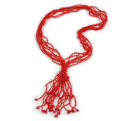 Statement Multistrand Scarlet Red Glass Bead, Semiprecious Stone Tassel Necklace - 66cm L/ 12cm Tassel - main view