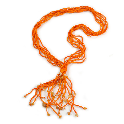 Statement Multistrand Orange Glass Bead, Semiprecious Stone Tassel Necklace - 66cm L/ 12cm Tassel - main view