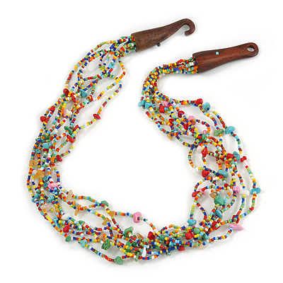 Ethnic Multistrand Multicoloured Glass Bead, Semiprecious Stone Necklace With Wood Hook Closure - 60cm L - main view