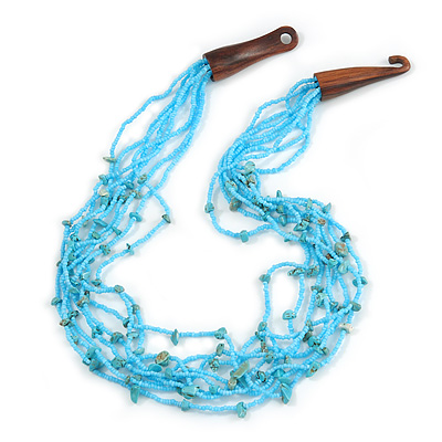 Ethnic Multistrand Light Blue Glass Bead, Semiprecious Stone Necklace With Wood Hook Closure - 60cm L - main view