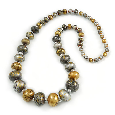 Long Graduated Wooden Bead Colour Fusion Necklace (Grey/ Gold/ Black/ Metallic Silver) - 76cm Long - main view