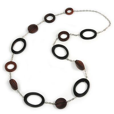 Statement Brown Wooden Bead with Silver Tone Chain Long Necklace - 110cm L - main view