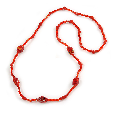 Red Glass/ Ceramic Bead Long Necklace - 82cm Long - main view