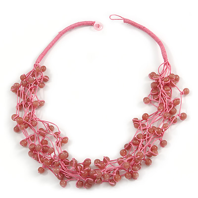 Multistrand Pink Ceramic Bead Cotton Cord Necklace - 58cm Long - main view