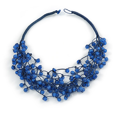 Multistrand Blue Ceramic Bead Cotton Cord Necklace - 58cm Long - main view