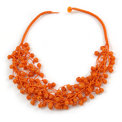 Multistrand Orange Ceramic Bead Cotton Cord Necklace - 58cm Long