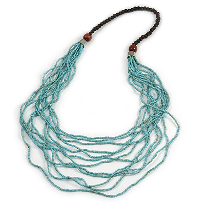 Statement Multistrand Light Blue Glass Bead, Brown Wood Bead Necklace - 110cm L - main view