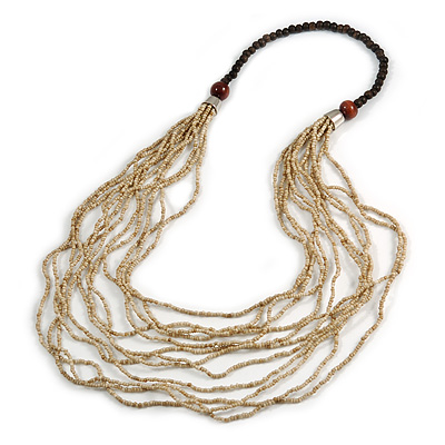 Statement Multistrand Antique White Glass Bead, Brown Wood Bead Necklace - 110cm L - main view