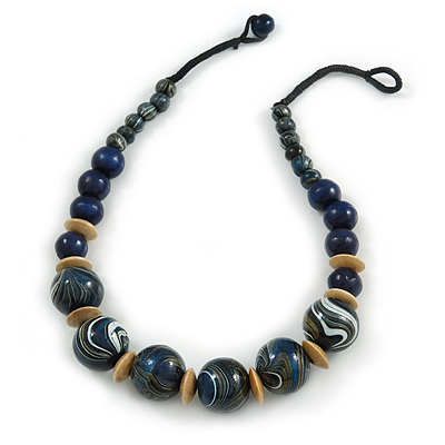 Chunky Colour Fusion Wood Bead Necklace (Blue, Gold, White) - 48cm Long - main view