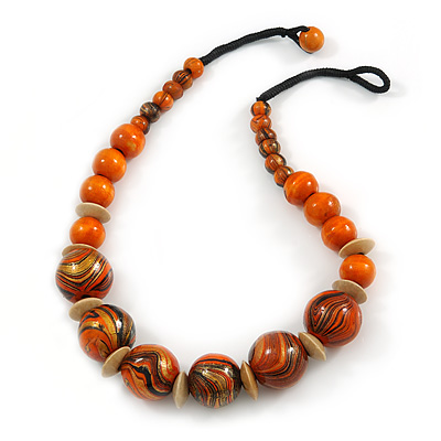 Chunky Colour Fusion Wood Bead Necklace (Orange, Gold, Black) - 48cm Long