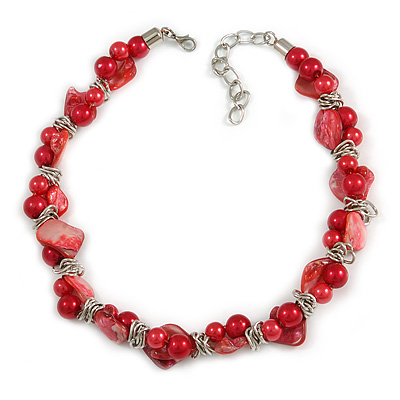 Exquisite Faux Pearl & Shell Composite Silver Tone Link Necklace In Red - 44cm L/ 7cm Ext - main view