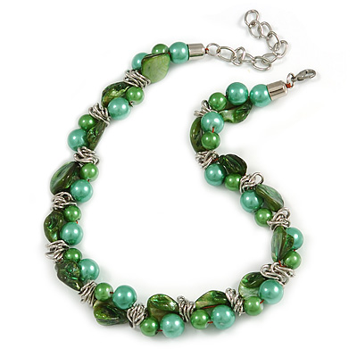 Exquisite Faux Pearl & Shell Composite Silver Tone Link Necklace In Green - 44cm L/ 7cm Ext - main view