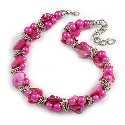 Exquisite Faux Pearl & Shell Composite Silver Tone Link Necklace In Pink - 44cm L/ 7cm Ext - main view