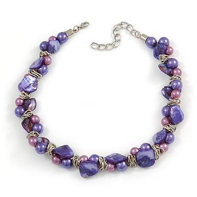 Exquisite Faux Pearl & Shell Composite Silver Tone Link Necklace In Purple - 44cm L/ 7cm Ext - main view
