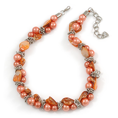 Exquisite Faux Pearl & Shell Composite Silver Tone Link Necklace In Orange - 44cm L/ 7cm Ext - main view